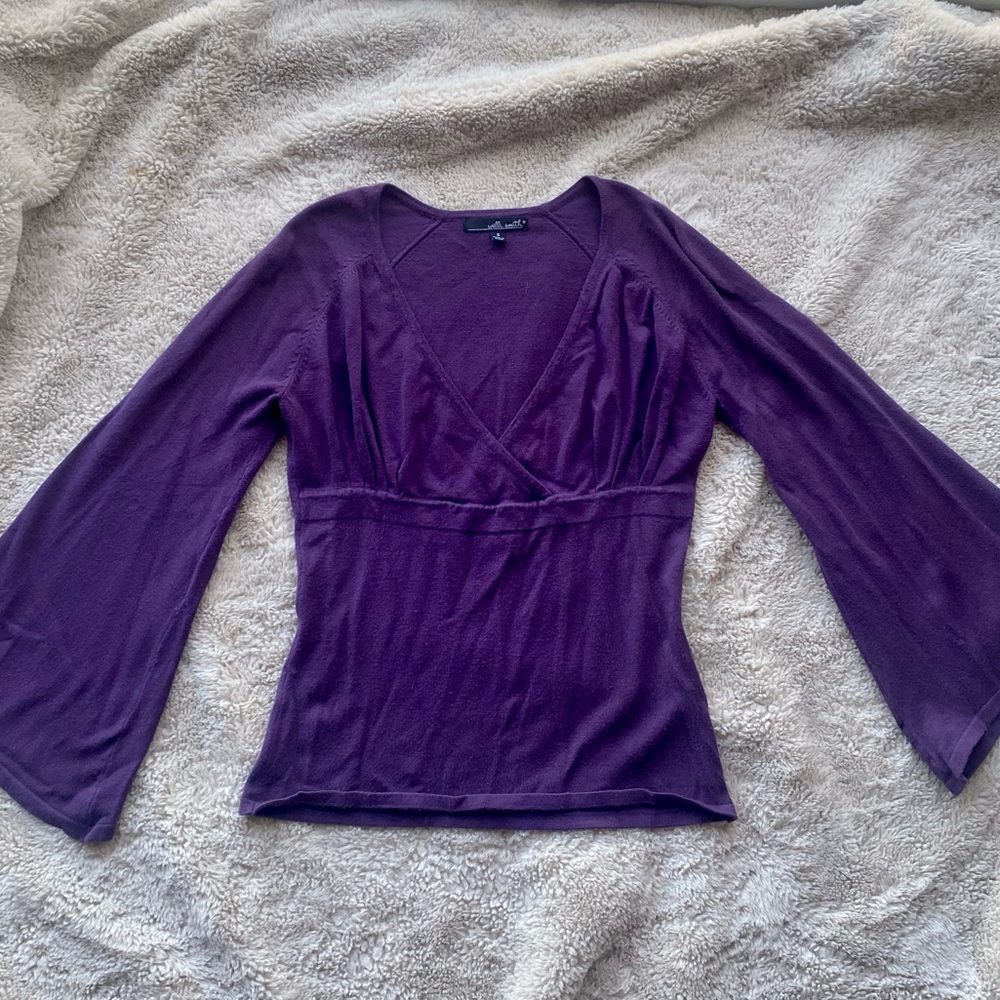 Willi Smith Women’s Deep Plum Purple V Neck with Bell Flared Sleeves